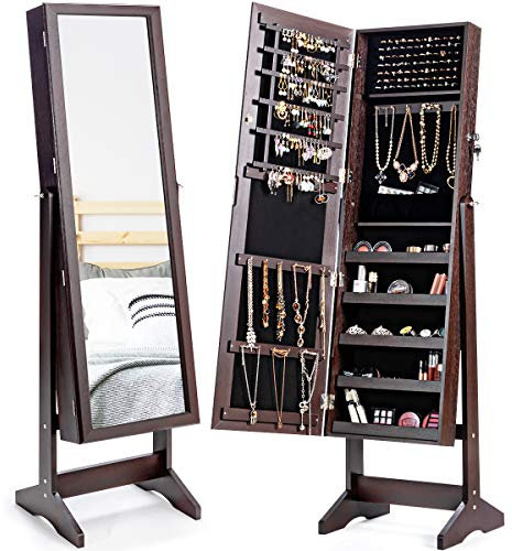 COSTWAY Armoire à Bijoux sur Pied avec Miroir Psyché, Meuble de Rangement et Présentoir Cosmétiques avec Porte Verrouillable, 4 Angles d'Inclinaison, Grande Capacité, 41 x 36,5 x 146 cm (Marron)