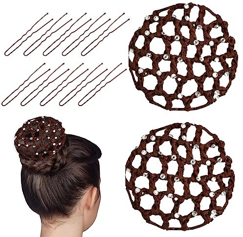 2 Pezzi Retina per Capelli Chignon con Strass, Retine Invisibile per Capelli Chignon con 10 Forcine a Forma di U,Decorazioni dei Capelli per Ballerina Ginnastica Infermiere Personale di Banca(Marrone)
