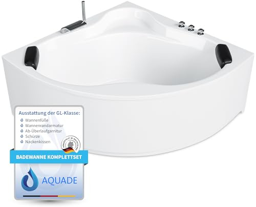 AQUADE Acryl Eckbadewanne 150x150 Modell: Essen Hergеstellt in Dеutschland - Badewanne Komplettset - Badewannen mit Wannenfüßen + Schürze + Ab-Überlaufgarnitur + Wannenrandarmatur + Nackenkissen