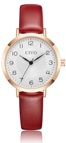 CIVO Damen Uhr Wasserdicht Klein Analog Quarz Armbanduhr Damen Lederarmband Minimalistisch Kreative Uhr für Frauen Rot