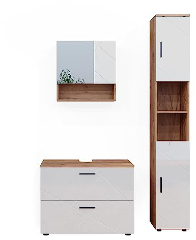 Vicco Badmöbel-Set Irma, Weiß Hochglanz/Goldkraft Eiche, 80 cm, besteht aus Waschbeckenunterschrank, Spiegelschrank und Hochschrank