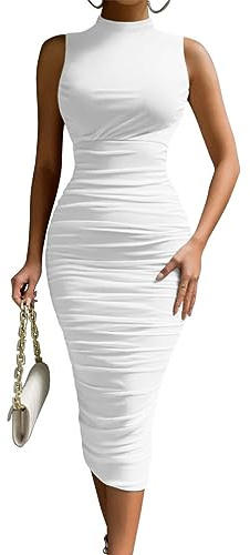LAGSHIAN Women's Sexy Bodycon High Neck Sleeveless Ruched Midi Cocktail Party Dress White