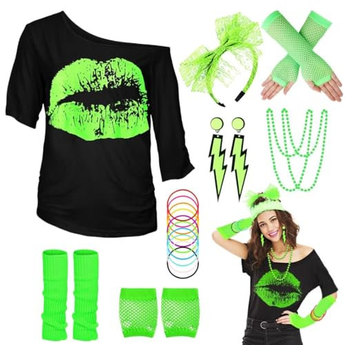 80er 90er Jahre Outfit Damen, I Love 80s T-Shirt, Beinwärmer, Stirnband, Ohrring, Halskette, Netzhandschuhe, 80er 90er Jahre Kostüm Mottoparty Accessoires JD-80SMouth-Green-3XL Made In China