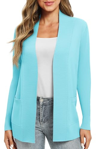 EXCHIC Donna Casuale Manica Lunga Lavorare a Maglia Cardigan Leggero Comodo Fronte aperto Maglioni Lunghi con Tasche(S, Azzurro)