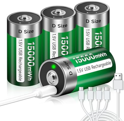 Batterie USB D Ricaricabili al Litio/15000 mWh – Batterie Ricaricabili a Celle D da 1,5 V, Ricarica Rapida in 4 ore, con cavo di ricarica di tipo C, protezione da sovraccarico (4Pcs)