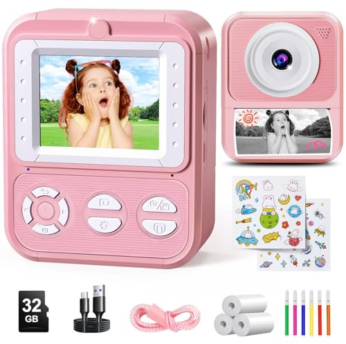 Korffe Kinderkamera Sofortbildkamera Mit 3 Rollen Druckpapier & 32GB Karte, 2.4 Zoll Bildschirm Digitalkamera Mit 6 Farbige Stifte, Geschenk für 3-14 Jahre