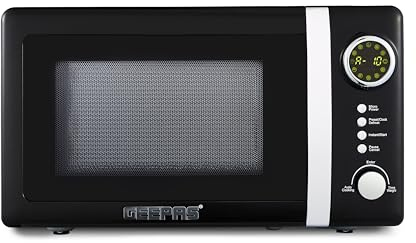GEEPAS Retrovive 700W Digital Freestanding Microwave Oven, 20L | Electric Oven with Auto Defrost Child Lock | 12 Preset Rotary Dial Easy Clean | Fits Standard Dinner Plate Compact Countertop | Black