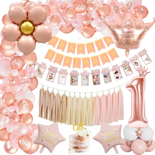 Décorations d'anniversaire pour filles avec bannière photo du mois de bébé, ballon chiffre 1, ballons confettis blancs or rose et bannière triangulaire « Happy Birthday »