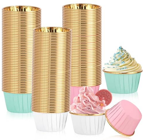 Cupcake Förmchen, 150 Stück Muffinförmchen, 44×35mm Cupcake Wrapper, Papier Backförmchen für Weihnachten, Hochzeit, Geburtstag, Party (Rosa, Weiß, Blau)