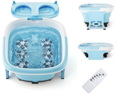 HOMASIS Massaggiatore per Piedi Pieghevole, Pediluvio Massaggiatore Piedi con Rulli Massaggianti e Massaggi ad Bolle, Temperatura Regolabili, Vaschetta Pedicure con Timer e Telecomando (Blu)