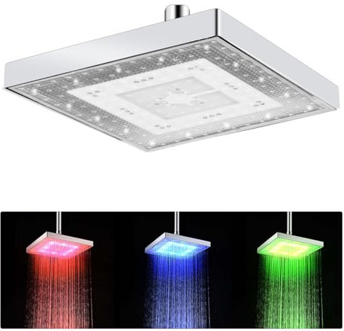 Soffione doccia a pioggia a LED, 8 pollici (20 cm) con controllo della temperatura, flusso elevato, soffione doccia quadrato per la casa e il bagno