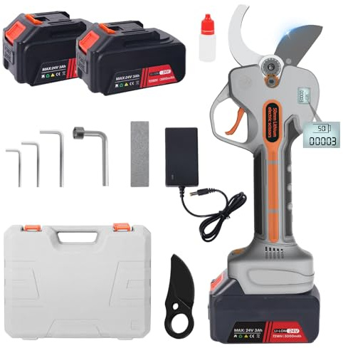 Bostar Tijera de Podar Eléctricas 50MM Tijera de Podar Inalámbrica Profesional 24V con LCD Pantalla con Baterías 2x3000mAh Hojas SK7 para Jardín Huerta Podar Ramas