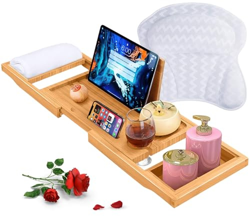 ADOV Bath Tray and Bath Pillow Set, Adjustable Bamboo Bathtub Caddy with Tablet, Book & Glass Holder, Non-Slip Ergonomic 4D Air Mesh Cushion for Neck, Head & Back Support, Home Spa Accessory