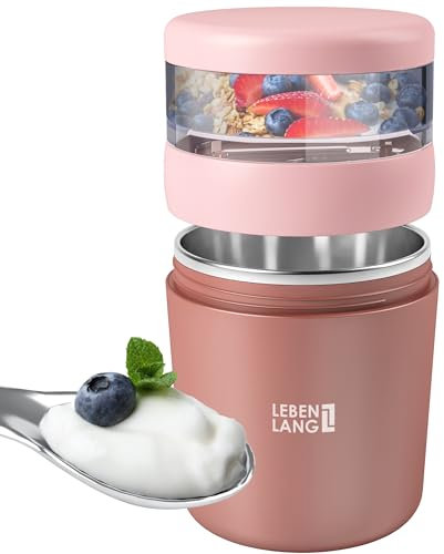 LEBENLANG Bol muesli a emporter avec cuillère - Paroi intérieure isolante en acier inoxydable & 650ml I Pot petit dejeuner Bol overnight oats jar I Pot yaourt Boite cereales Bols avoine