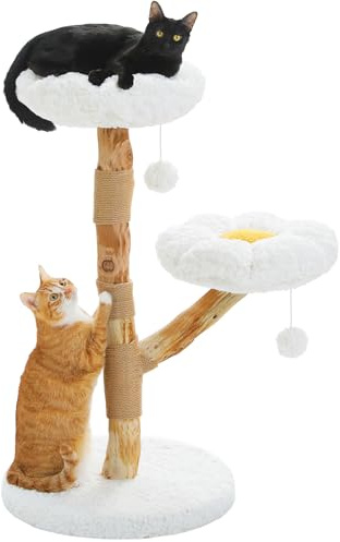 PAWZ Road Árbol de gato con flores de madera, moderno árbol rascador de madera natural, lujoso árbol para gatos bohemio, moderno con 2 plataformas, pequeño árbol rascador para gatos, blanco nube