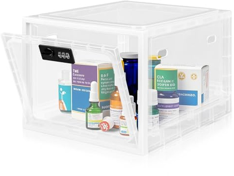 Provcodeabox Transparente Abschließbare Box mit Zahlenschloss | Sicherheitsbox für Medikamente, Handy & Snacks | Stapelbare Aufbewahrungsbox für Kühlschrank (29x23x19cm)