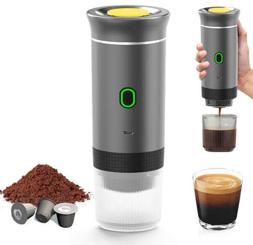 Cafetera de café portátil, cafetera de café expreso Calefacción eléctrica de viaje, para 12 V, coche y camping, cafetera de camping, cafetera portátil de viaje, cápsulas expreso o café molido (gris)
