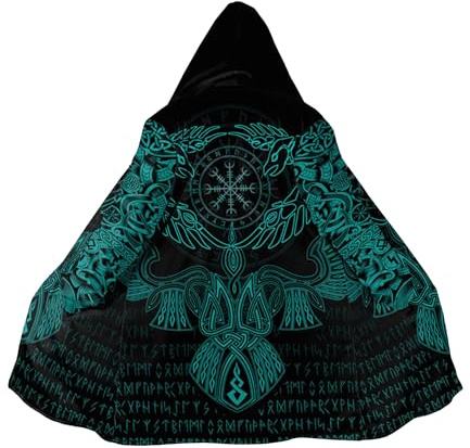 Wikinger Tattoo Herren Winter Warm Kapuzenumhang Jacke Nordische Mythologie Kaschmirmantel Parka Odin Fenrir Wolf Valknut Amulett