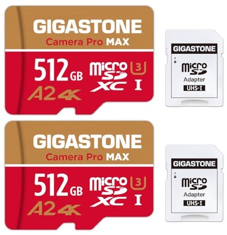 [5 Jahre kostenlose Datenrettung] GIGASTONE 512GB MicroSDXC Speicherkarte 2er-Pack + SD-Adapter, Kamera Pro MAX, bis zu 170/140 MB/s, Kompatibel mit GoPro Drohne Switch, A2 U3 V30 UHS-I Micro SD Karte