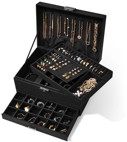 Warmiehomy 3 Layers Vintage Jewellery Box Lockable Velvet Jewelry Organiser for Earring Ring Storage Necklace Bracelets Jewellery Storage Box with Removable Dividers For Girls Women (Black)