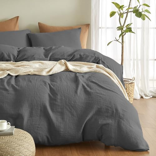 Bailix Premium Musselin Bettwäsche Sets 200x220 3 teilig 100% Baumwolle atmungsaktiv & bügelfrei Bettbezüge 200x220cm + 2er Kissenbezüge 80x80cm Oeko-Tex Bettwäsche-Sets mit Knöpfe Anthrazit