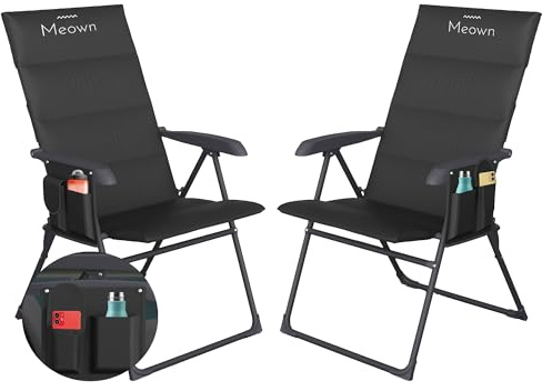 Meown Gravity Lounger Chairs, Set of 2, Adjustable 5-Position Reclining & Folding Sunloungers with Padded Backrest, Side Pocket, Portable & Easy Armrest Control for Garden, Camping, Beach (BLACK)