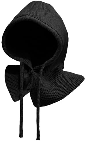 Rayson Vinterhattar för kvinnor stickad balaklava dragsko mössa knapp varm halsduk med huva unisex, Svart, one size