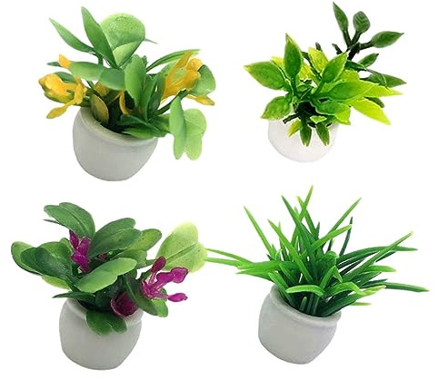 GLSTOY 4pcs Mini Potted Plant Doll House Accessories Tiny House Fake Plant Ornament Miniature Flower Pot Decoration for Dollhouse Garden Layout