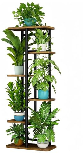 Dazioter Blumenständer Pflanzenständer Metall Pflanzenregal Indoor Schwarz | Robust Und Langlebig,Platzsparendes Design,6 Etagen 7 Topf füR Mehrere Pflanzen,füR Wohnzimmer Deko,Terrasse,Garten,Balkon