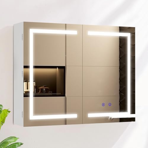 AxisFurn Spiegelschrank Bad mit LED-Beleuchtung & Steckdose, 80 x 60 x 15cm | Dimmbarer Badezimmerschrank mit 3 Farbtemperaturen & Verstellbares Regal, Anti-Beschlag, Doppeltüren, Wandschrank