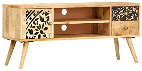 TV-Ständer, TV-Schrank aus Massivem Mangoholz Im Retro-Stil mit Schubladen und Tür, 2 Offene Fächer für DVD-Player, Spielekonsolen, Streaming-Geräte und Medienträger,