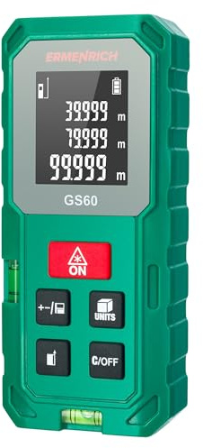 Ermenrich Reel PLUS GS60 Misuratore Laser 60M Portatile con Doppia Livella a Bolla Strumento di Misurazione Distanza Area Volume Modalità Pitagora Cambio Unità Display LCD Memoria
