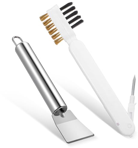 Ptwola Kitchen Stove Cleaning Brush + Scraper Tool Set Deep Gas Stove Brass Wire Brushes Heavy Duty Stainless Steel Putty Scraper Stoves Cleaning Brush Grime Rust Cleaner for Gas Cooktop Pot Pan