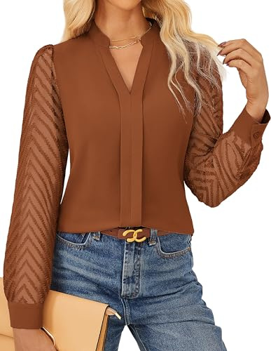 Dressy Tops for Women V Neck Lace Long Sleeve Shirts Business Casual Blouses Work Outfits Trendy Fall Clothes 2025, Caramel, Medium