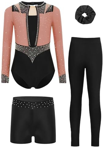 Miutii 4tlg.Mädchen Turnanzug Glitzer Gymnastikanzug mit Shorts Hose und Haargummi Langarm Gymnastik Leotard Wettbewerb Tanzkostüm