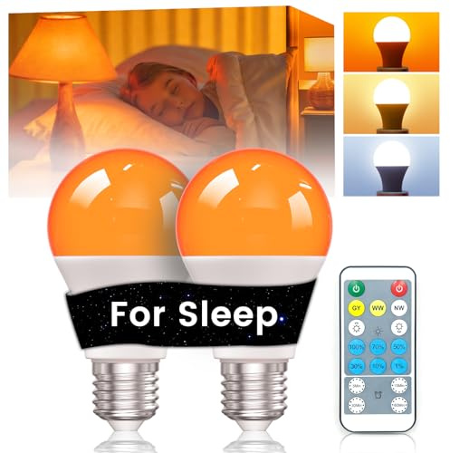 Bombilla LED E27 Regulables, 9W Bombilla Cálida Ámbar con mando a distancia, 1600K/3000K/6000K, Bloqueo de la Luz Azul Bombilla Nocturna para Dormitorio, Guardería, Sueño Saludable, 2 Unidades