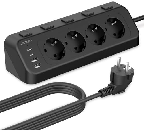 Regleta Enchufes USB C, JSVER Powerstrip de Esquina con Interruptores Individuales, 4 Tomas Regleta con 2 USB-C y 2 Puertos USB-A,Cable de 4 m para hogar, la Oficina y los Viajes-Negro