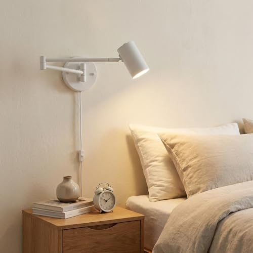 BARCELONA LED Wandleuchte mit schwenkbarem Arm, weiße moderne und Vintage-Wandleuchte aus Metall, mit Kabel, Stecker und Schalter, ideal für Kopfteil, Schlafzimmer, Lesen, industrieller Stil