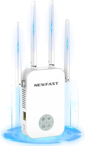 NEWFAST AC1200 Amplificador Señal WiFi, Repetidor WiFi Doble Banda | 5GHz y 2,4GHz, Extensor de Wi-Fi con WPS Botón, Puerto Ethernet, 4 Antena, Pantalla Inteligente, para Casa/Oficina