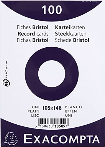 Exacompta - Ref 10509E - Förpackning med 100 vanliga operforerade indexkort - filmförpackade - kompatibla med bläckstråleskrivare, laser och kopiatorer - storlek 105 x 148 mm - färg vit