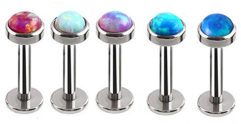 Piercingpops 5PCS 16G Fire Opal Labret Piercing Stainless Steel Tragus Helix Lip Monroe Body Piercing Stud (3mm Opal / 6mm Bar Length)