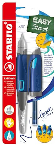 STABILO - Ergonomischer Schulfüller für Linkshänder mit Standard-Feder M - EASYbirdy in mitternachtsblau/azur - inkl. Patrone und Einstellwerkzeug - blau (löschbar)