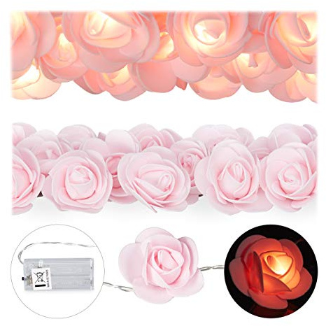 Relaxdays 2 x Rosen Lichterkette, 20er LED Lichterkette Batterie, Hochzeit, Verlobung & Valentinstag, warmweiß, Deko, rosa