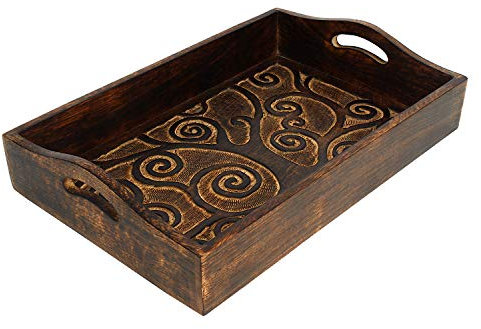 Ajuny Bandeja rectangular de madera de palisandro hecha a mano con asas de 15 x 10 pulgadas con diseño decorativo del árbol de la vida para aperitivos, café, té, cocina y decoración del hogar