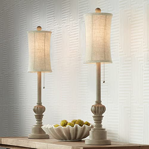 Regency Hill Bertie Traditional French Country Style Buffet Table Lamps 28 Tall Skinny Set of 2 Natural Candlestick Tall Skinny Cream Fabric Bell Shade Cottage Core Decor for Living Room House Home