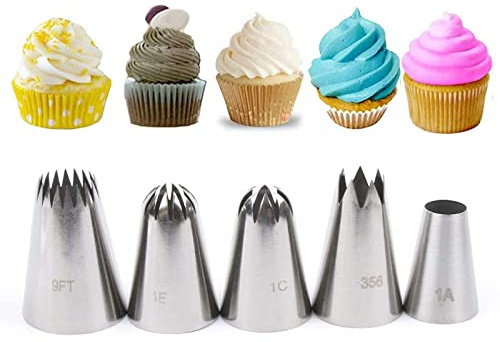 JasCherry 5 Piezas Grandes Boquillas Estrella para Pastelera de Acero Inoxidable para Pastelera - Boquillas de Pastelería para Crema de la Torta y Cupcakes #D