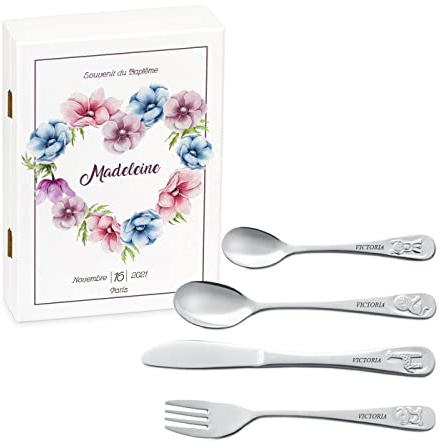 Maverton Set de couverts personnalisé dans boîte en bois imprimée - Thème Animal - Cadeau d'anniversaire personnalisé - Pour filles - Cadeaux bébé - Coutellerie gravée - CŒUR