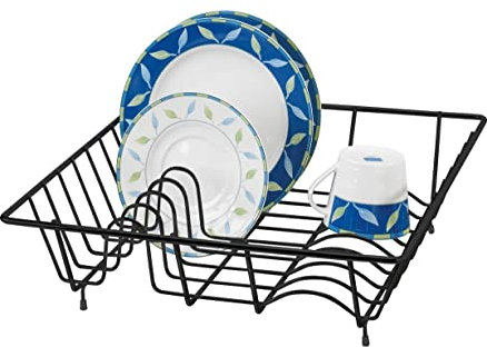 WENKO Geschirrabtropfkorb, praktischer Geschirr Abtropfständer für die Küche, hochwertiges Abtropfgestell mit Tellerständer und Tassenablage für Gläser und Tassen, 35 x 35 x 9 cm, Schwarz, 69752800