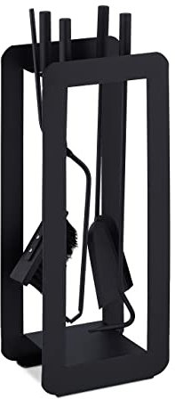 Relaxdays Kaminbesteck, 5-teiliges Set, Schürhaken, Ascheschaufel, Besen, Zange & Ständer, Kamingarnitur, Stahl, schwarz