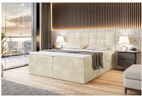 MEBLINI Boxspringbett mit Bettkasten - Gepolstert Doppelbett mit Matratze und Topper - Polsterbett mit Stauraum - Bett mit Kopfteil - Stauraumbett - Drago - 140x200 - H3/Beige Samt